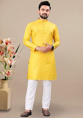 Yellow Embroidered Cotton Blend Kurta Set For Men