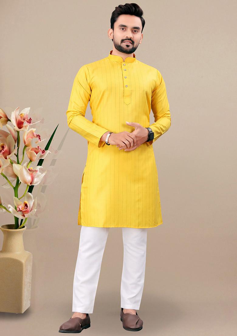 Yellow Embroidered Cotton Blend Kurta Set For Men