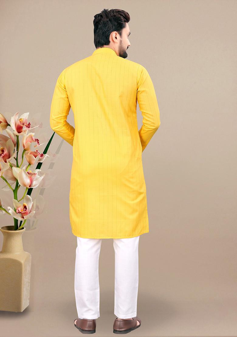 Yellow Embroidered Cotton Blend Kurta Set For Men