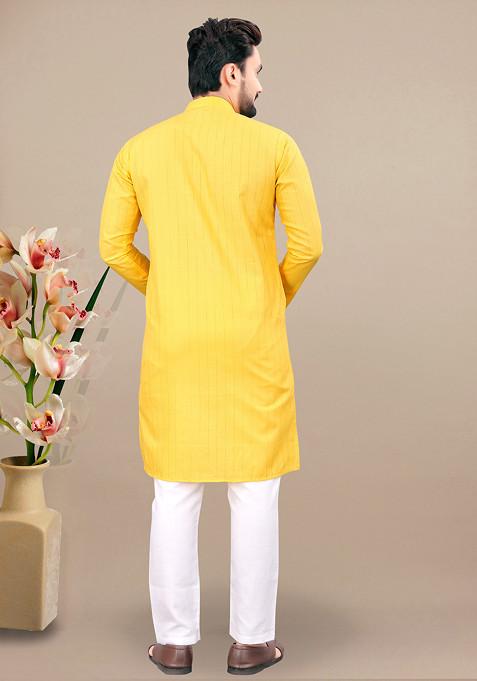 Yellow Embroidered Cotton Blend Kurta Set For Men