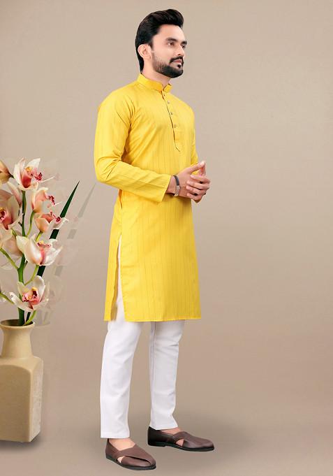 Yellow Embroidered Cotton Blend Kurta Set For Men