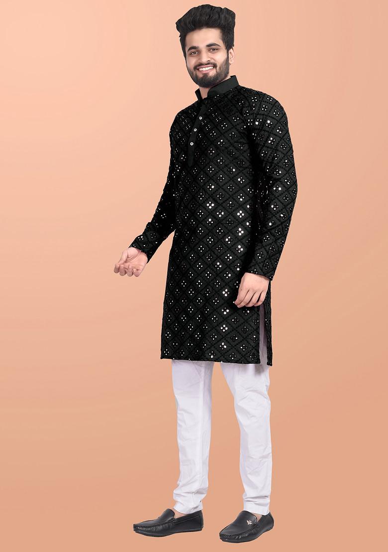 Black Embroidered Cotton Blend Kurta Set For Men