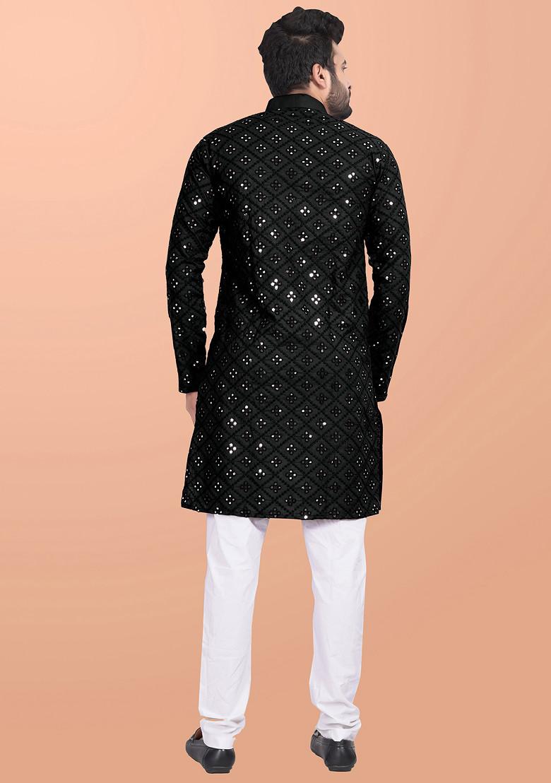 Black Embroidered Cotton Blend Kurta Set For Men
