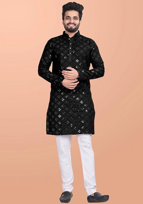 Black Embroidered Cotton Blend Kurta Set For Men