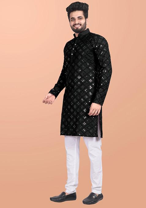 Black Embroidered Cotton Blend Kurta Set For Men