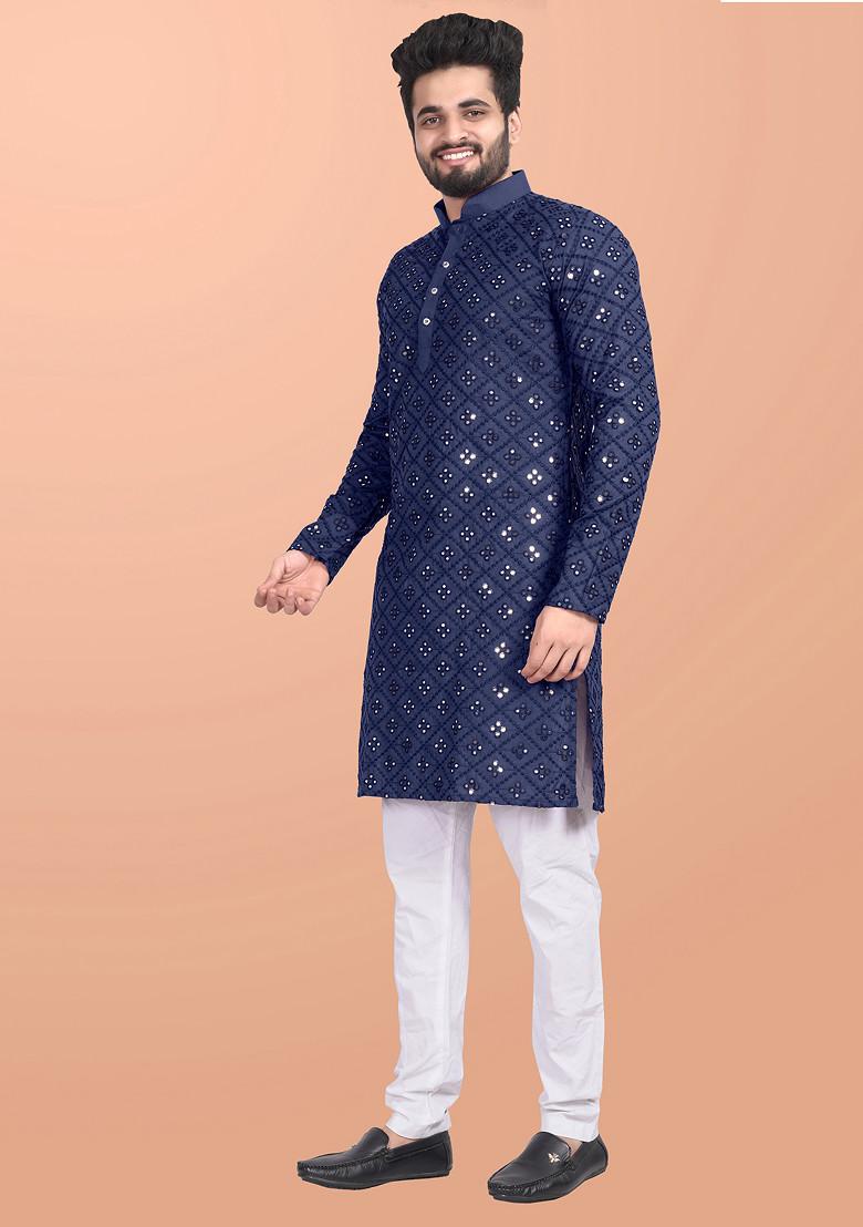 Blue Embroidered Cotton Blend Kurta Set For Men