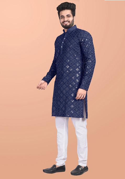 Blue Embroidered Cotton Blend Kurta Set For Men