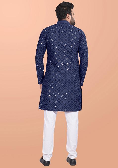 Blue Embroidered Cotton Blend Kurta Set For Men