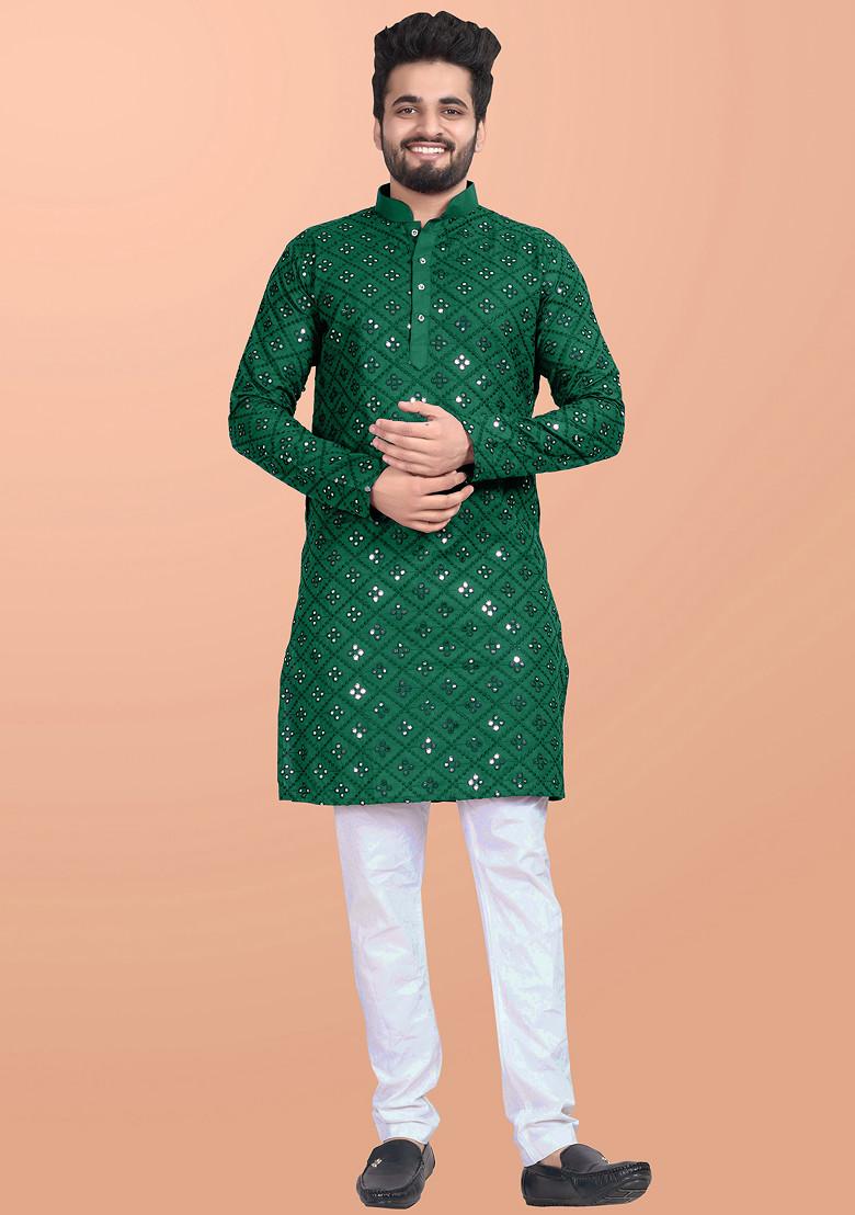 Green Embroidered Cotton Blend Kurta Set For Men