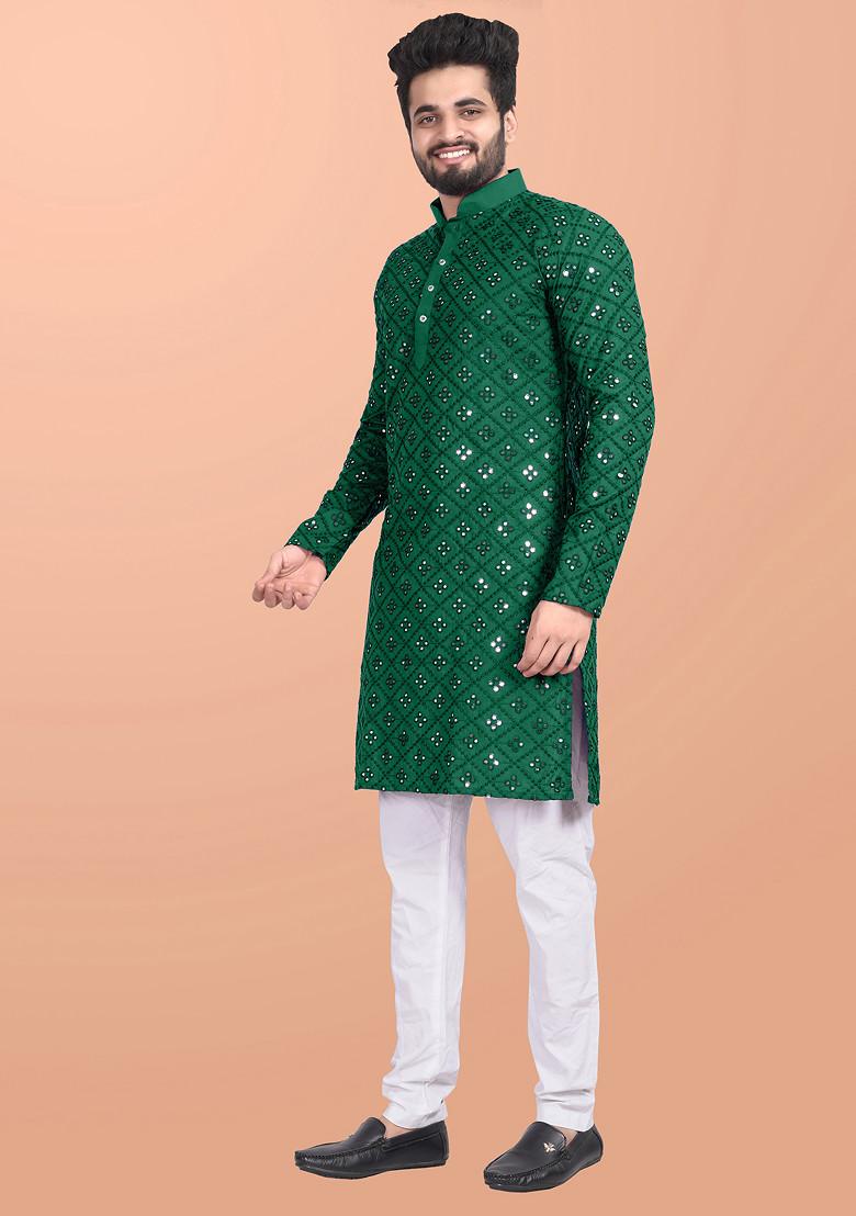 Green Embroidered Cotton Blend Kurta Set For Men