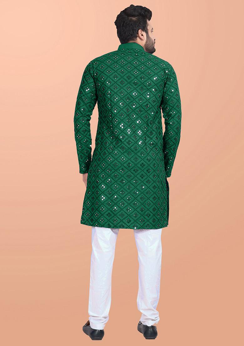Green Embroidered Cotton Blend Kurta Set For Men