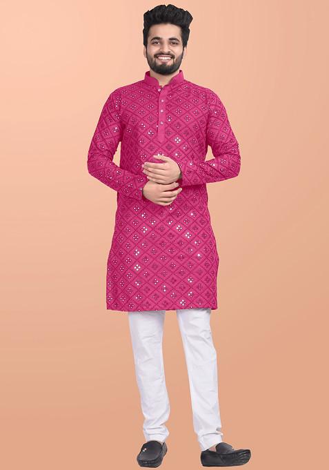 Pink Embroidered Cotton Blend Kurta Set For Men