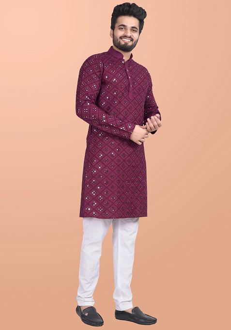 Wine Embroidered Cotton Blend Kurta Set For Men