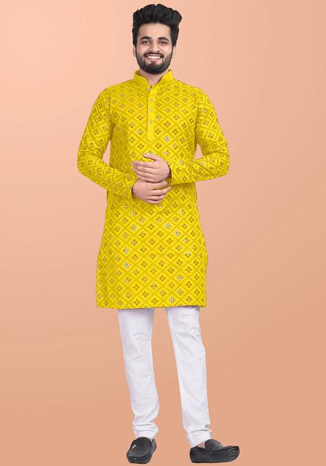 Yellow Embroidered Cotton Blend Kurta Set For Men