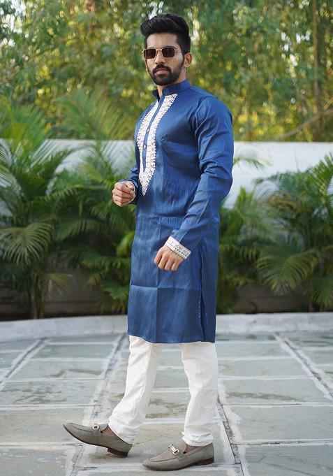 Blue Embroidered Silk Kurta Set For Men