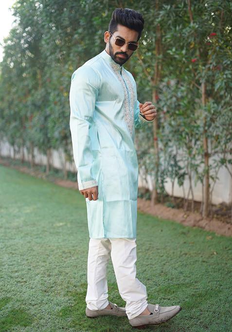 Light Blue Embroidered Silk Kurta Set For Men