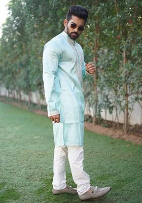 Light Pink Embroidered Silk Kurta Set For Men