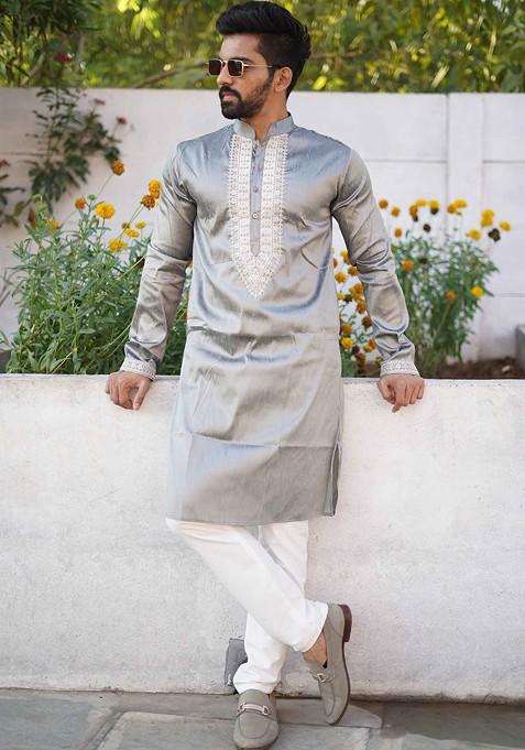 Grey Embroidered Silk Kurta Set For Men