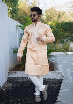 Peach Embroidered Silk Kurta Set For Men