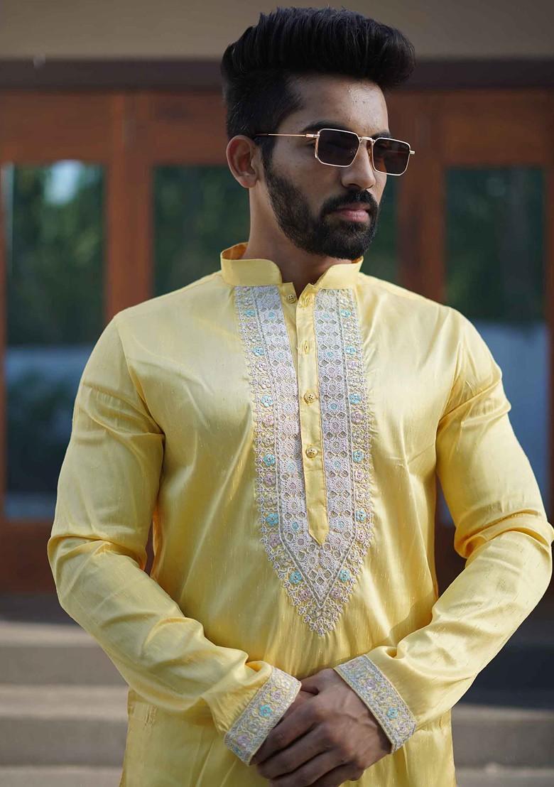 Yellow Embroidered Silk Kurta Set For Men