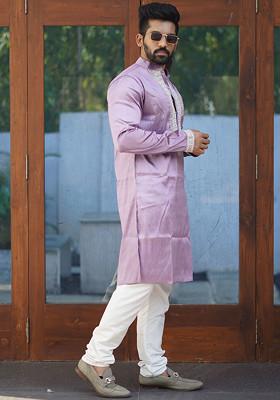 Purple Embroidered Silk Kurta Set For Men