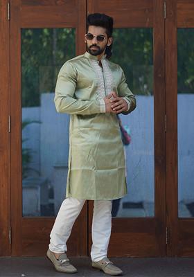 Olive Embroidered Silk Kurta Set For Men