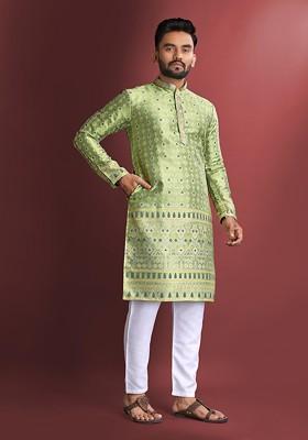 Light Green Embroidered Heavy Jacquard Silk Kurta Set For Men