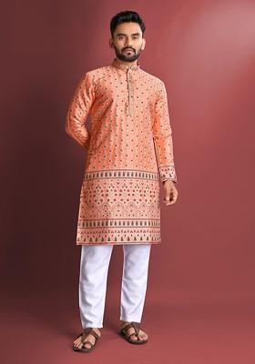 Peach Embroidered Heavy Jacquard Silk Kurta Set For Men