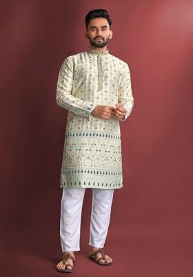 Cream Embroidered Heavy Jacquard Silk Kurta Set For Men