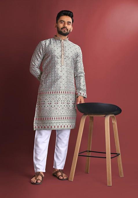 Grey Embroidered Heavy Jacquard Silk Kurta Set For Men