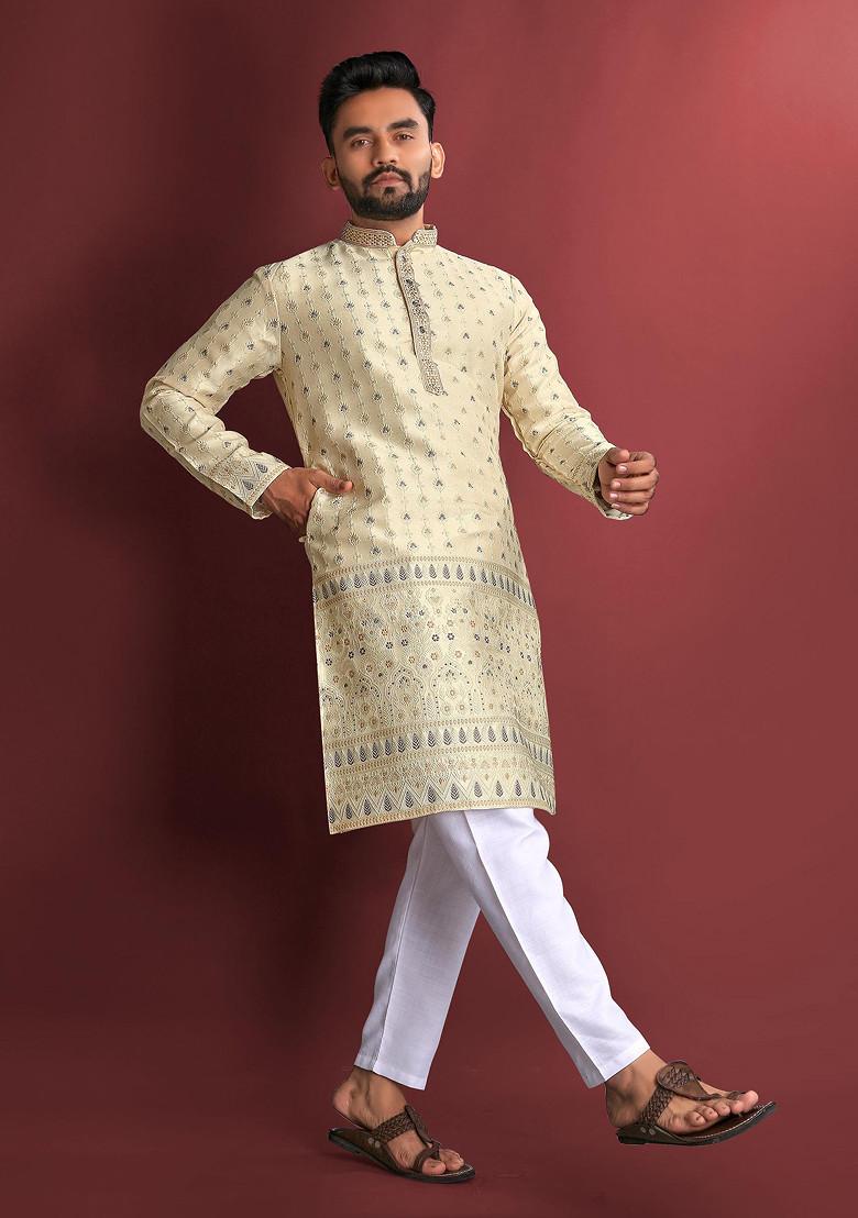 Light Yellow Embroidered Heavy Jacquard Silk Kurta Set For Men