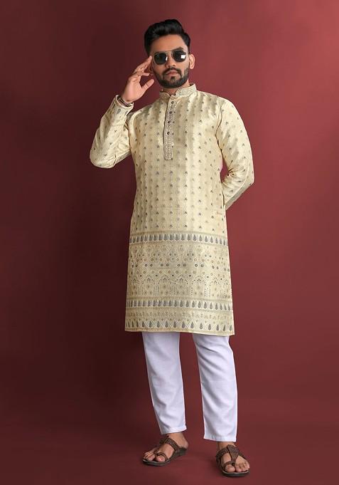 Light Yellow Embroidered Heavy Jacquard Silk Kurta Set For Men