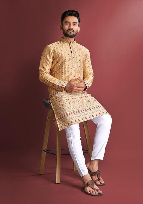 Mustard Embroidered Heavy Jacquard Silk Kurta Set For Men