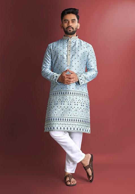 Light Blue Embroidered Heavy Jacquard Silk Kurta Set For Men