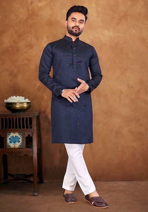 Navy Blue Embroidered Jacquard Silk Kurta Set For Men