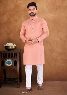 Pink Embroidered Jacquard Silk Kurta Set For Men