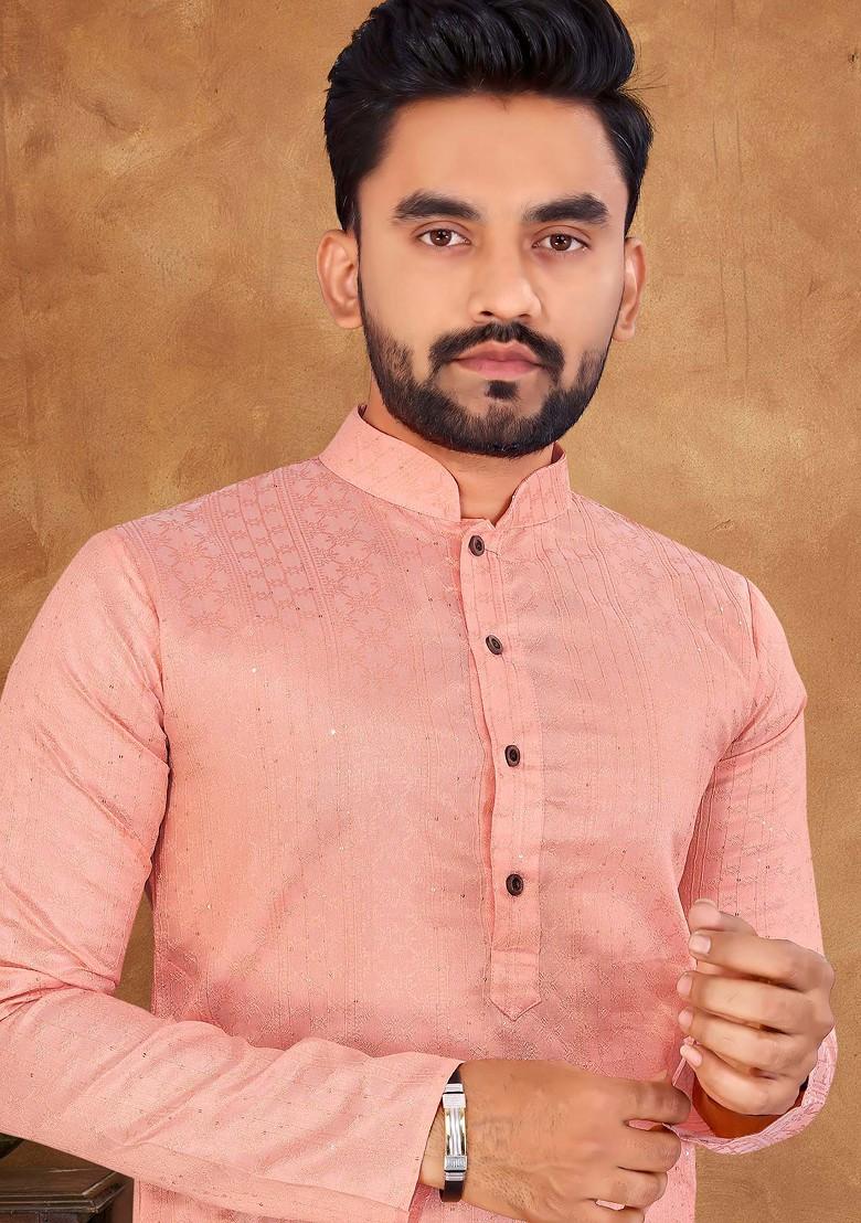 Pink Embroidered Jacquard Silk Kurta Set For Men