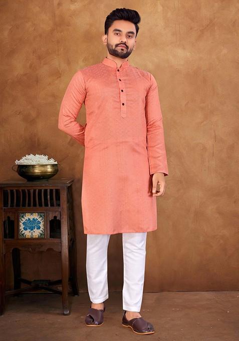 Peach Embroidered Jacquard Silk Kurta Set For Men