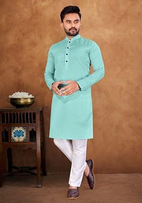 Light Blue Embroidered Jacquard Silk Kurta Set For Men