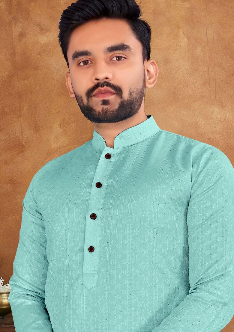 Light Blue Embroidered Jacquard Silk Kurta Set For Men