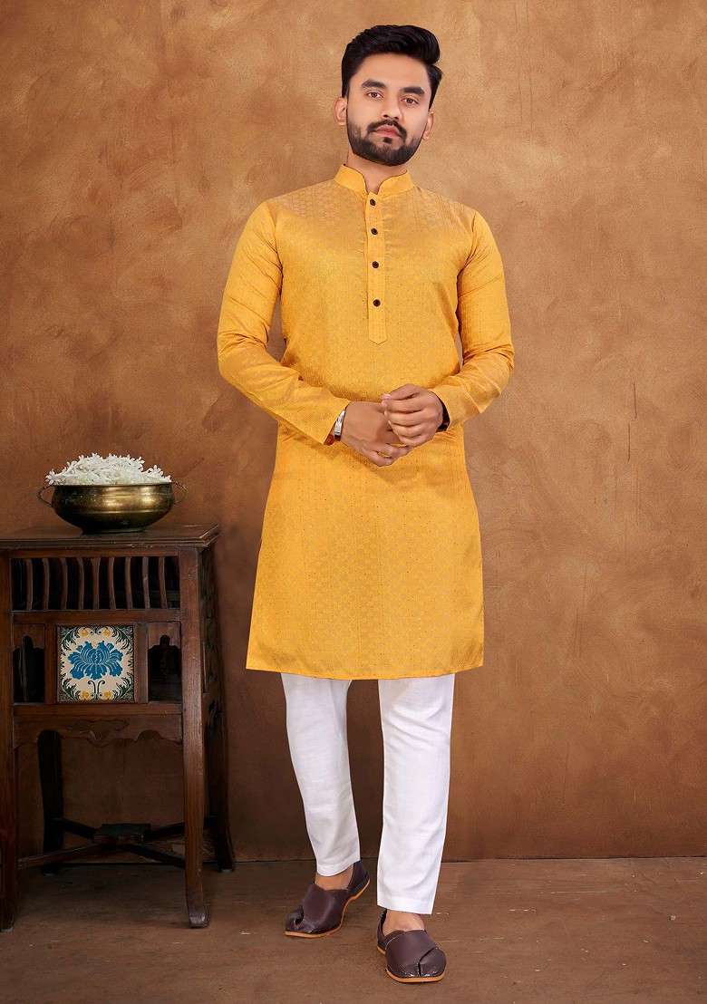 Yellow Embroidered Jacquard Silk Blend Kurta Set For Men - Indya