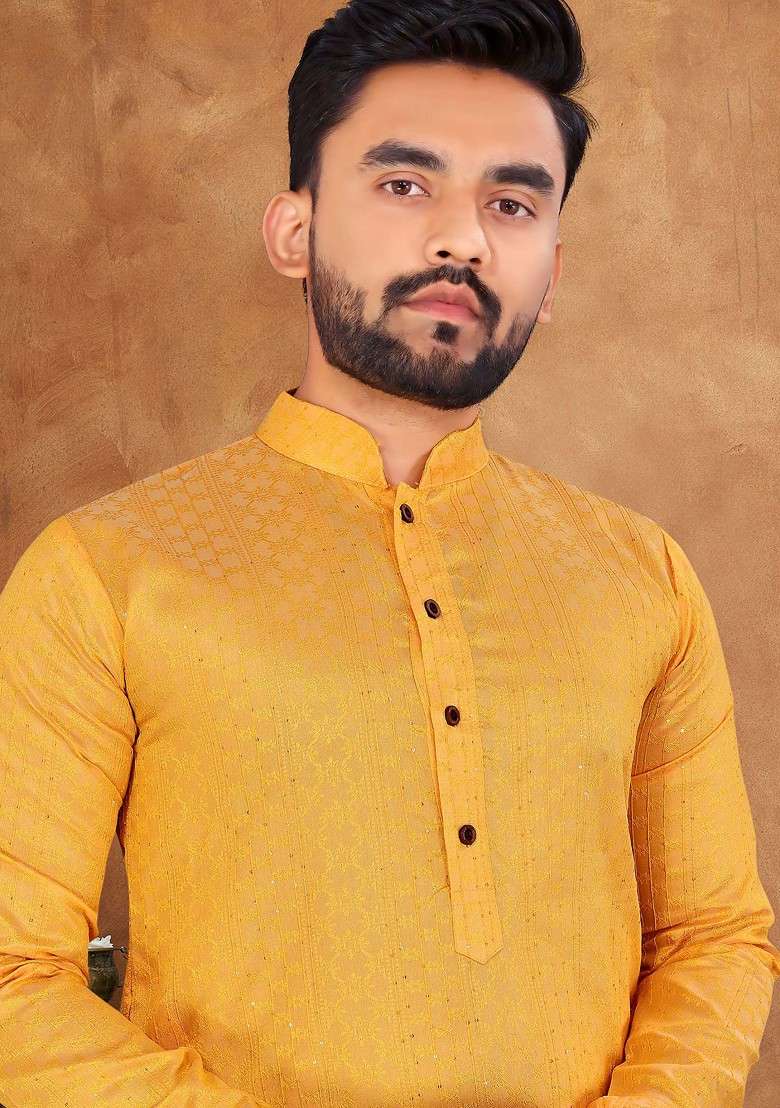 Yellow Embroidered Jacquard Silk Blend Kurta Set For Men - Indya