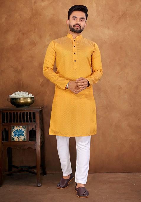 Yellow Embroidered Jacquard Silk Kurta Set For Men