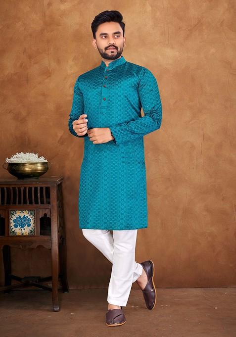 Blue Embroidered Jacquard Silk Kurta Set For Men