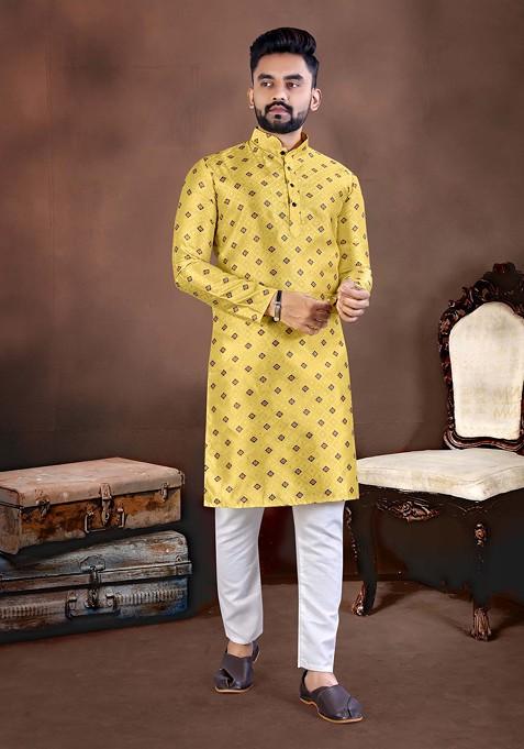 Yellow Embroidered Jacquard Silk Kurta Set For Men