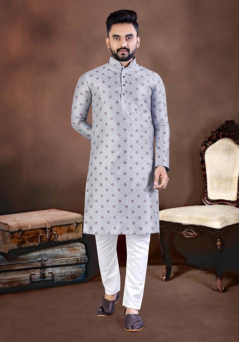 Grey Embroidered Jacquard Silk Kurta Set For Men