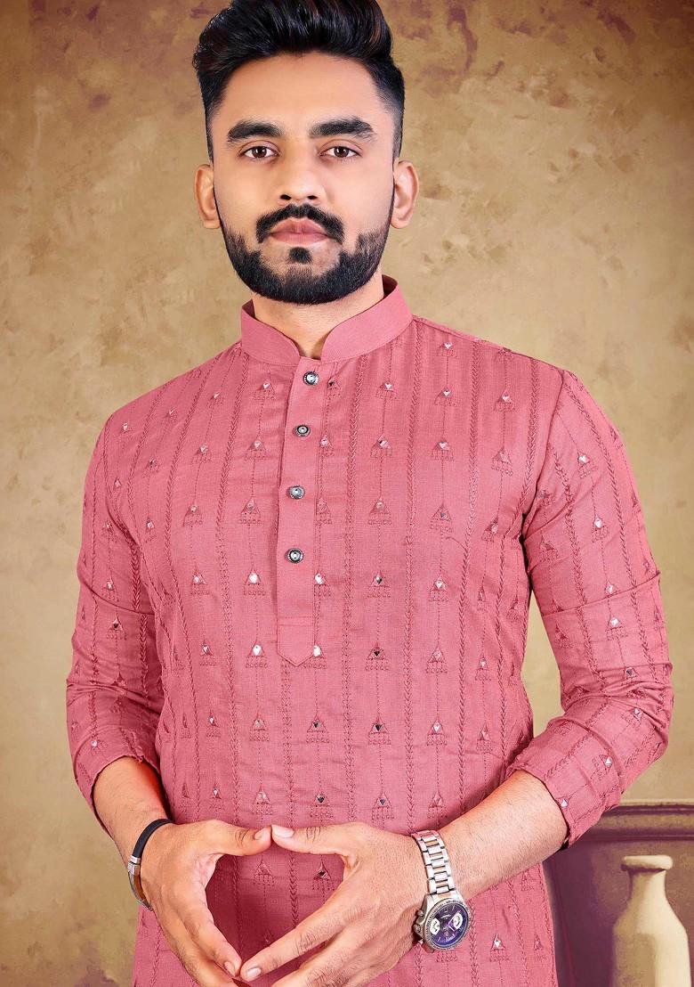 Pink Embroidered Pure Heavy Cotton Kurta Set For Men