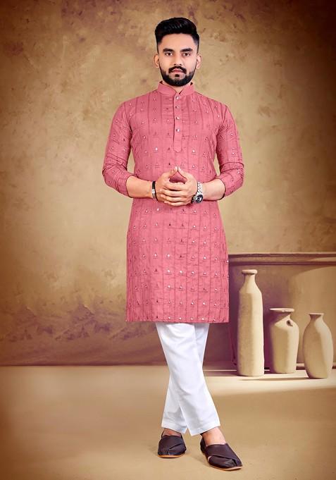 Pink Embroidered Pure Heavy Cotton Kurta Set For Men