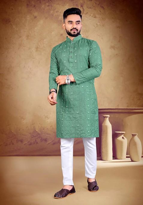 Dusty Green Embroidered Pure Heavy Cotton Kurta Set For Men