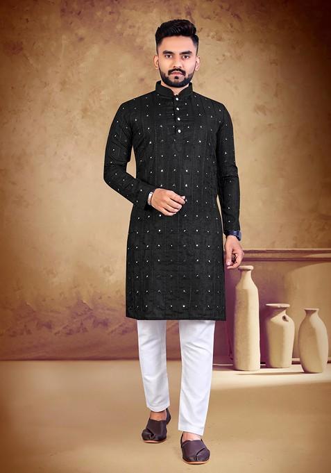 Black Embroidered Pure Heavy Cotton Kurta Set For Men